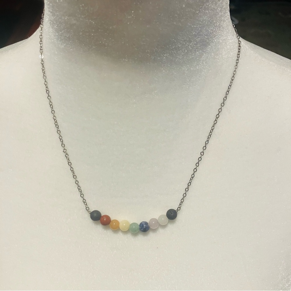 Multi-Gemstone Bead Necklace  on Silver Toned Adjustable Chain